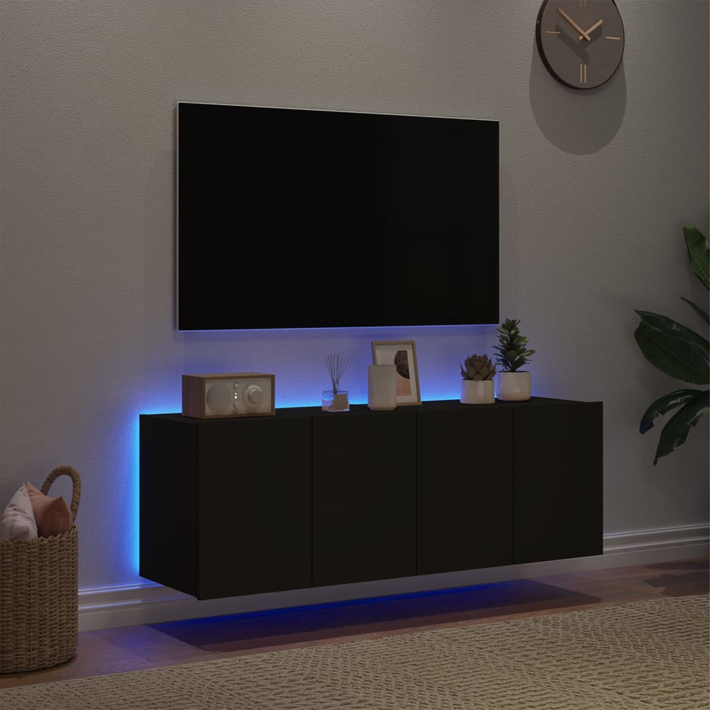 vidaXL Mobili TV a Parete con Luci LED 2pz Neri 60x35x41 cm