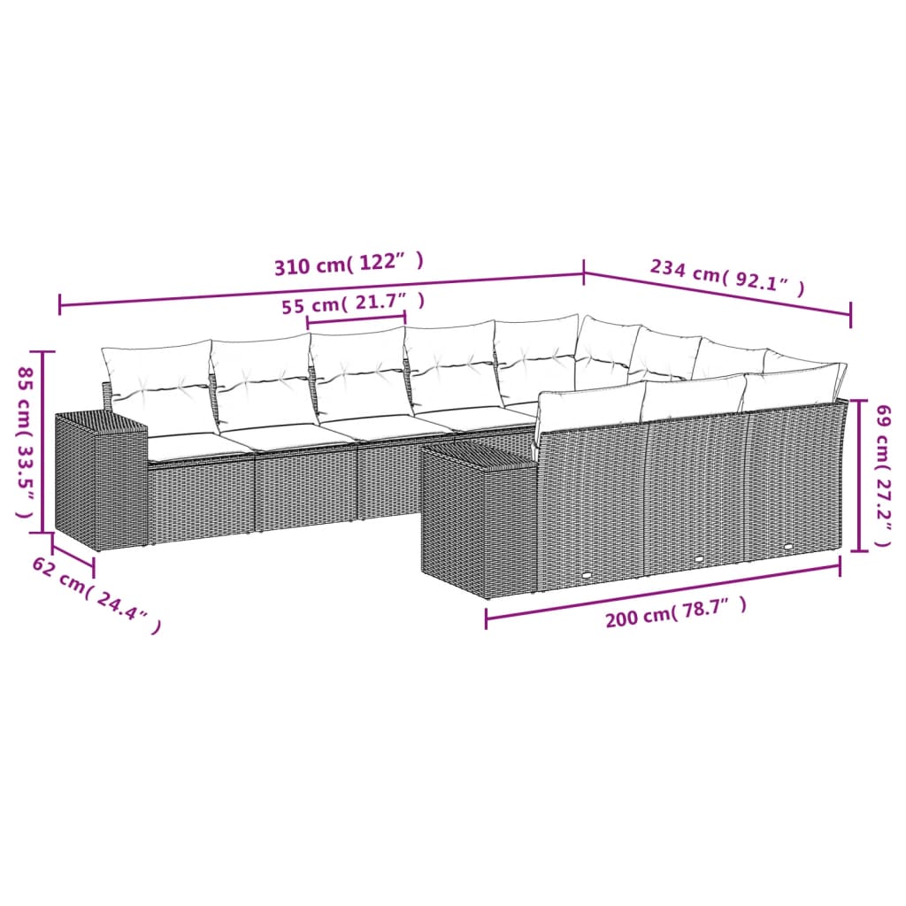 vidaXL Set Divano da Giardino 10 pz con Cuscini Beige in Polyrattan