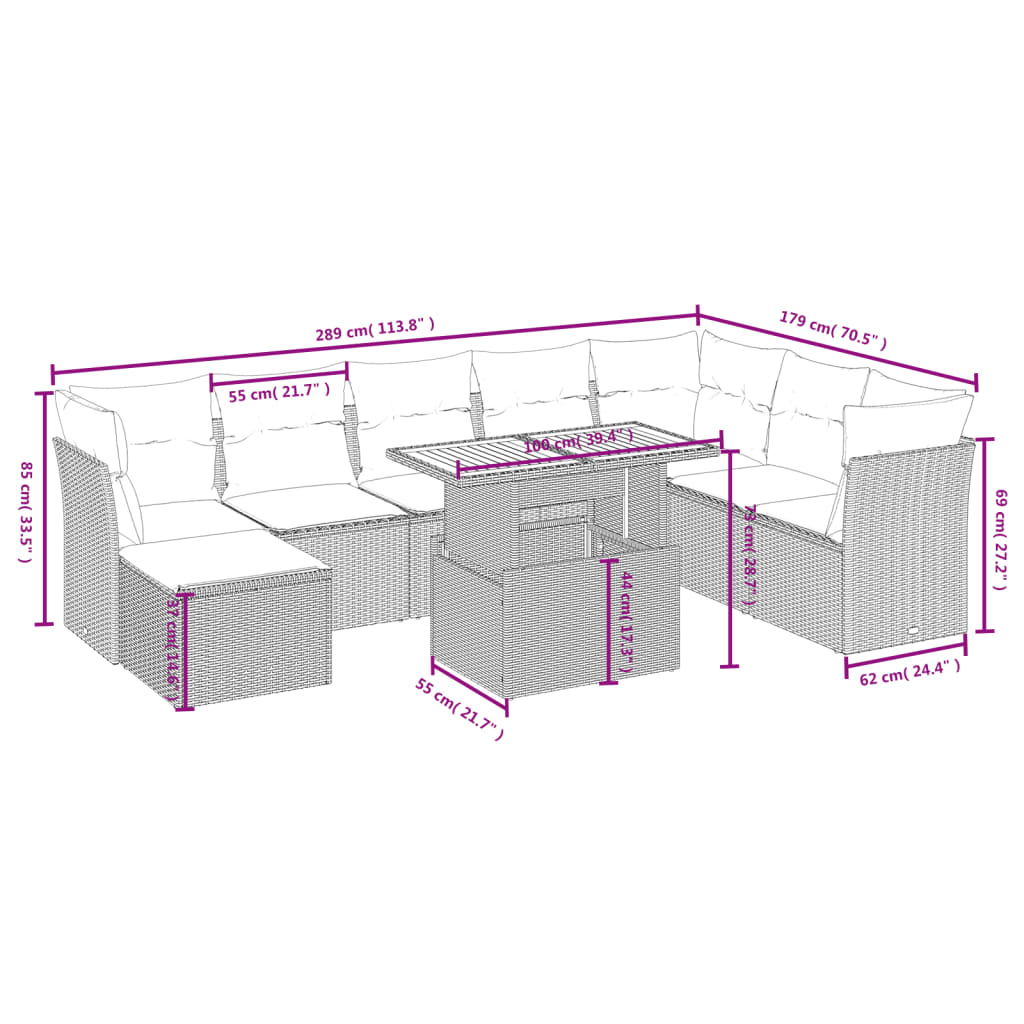 vidaXL Set Divani da Giardino 9 pz con Cuscini Nero in Polyrattan