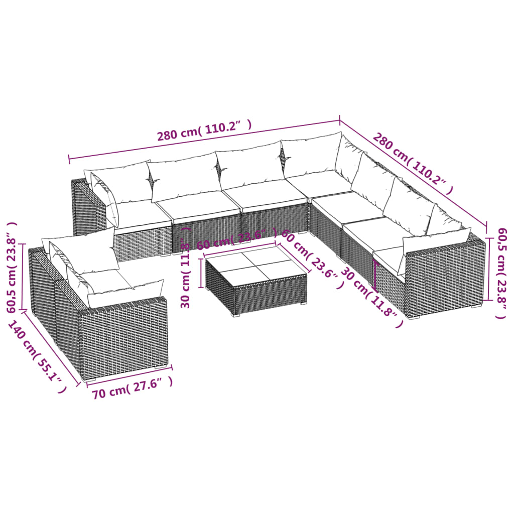 vidaXL Set Salotto da Giardino 10pz con Cuscini in Polyrattan Nero