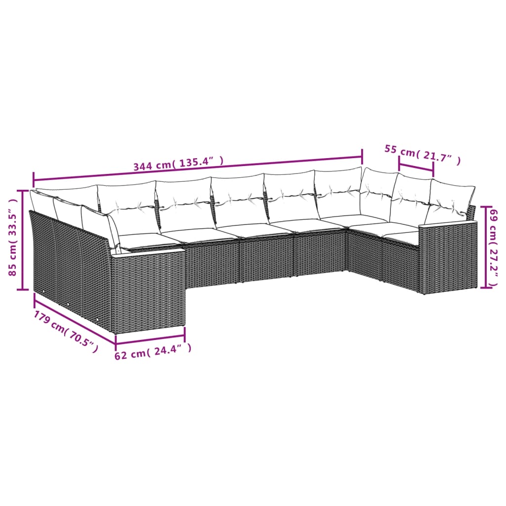 vidaXL Set Divani da Giardino 10pz con Cuscini in Polyrattan Nero