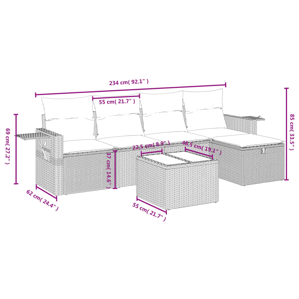 vidaXL Set Divano da Giardino 6 pz con Cuscini Nero in Polyrattan