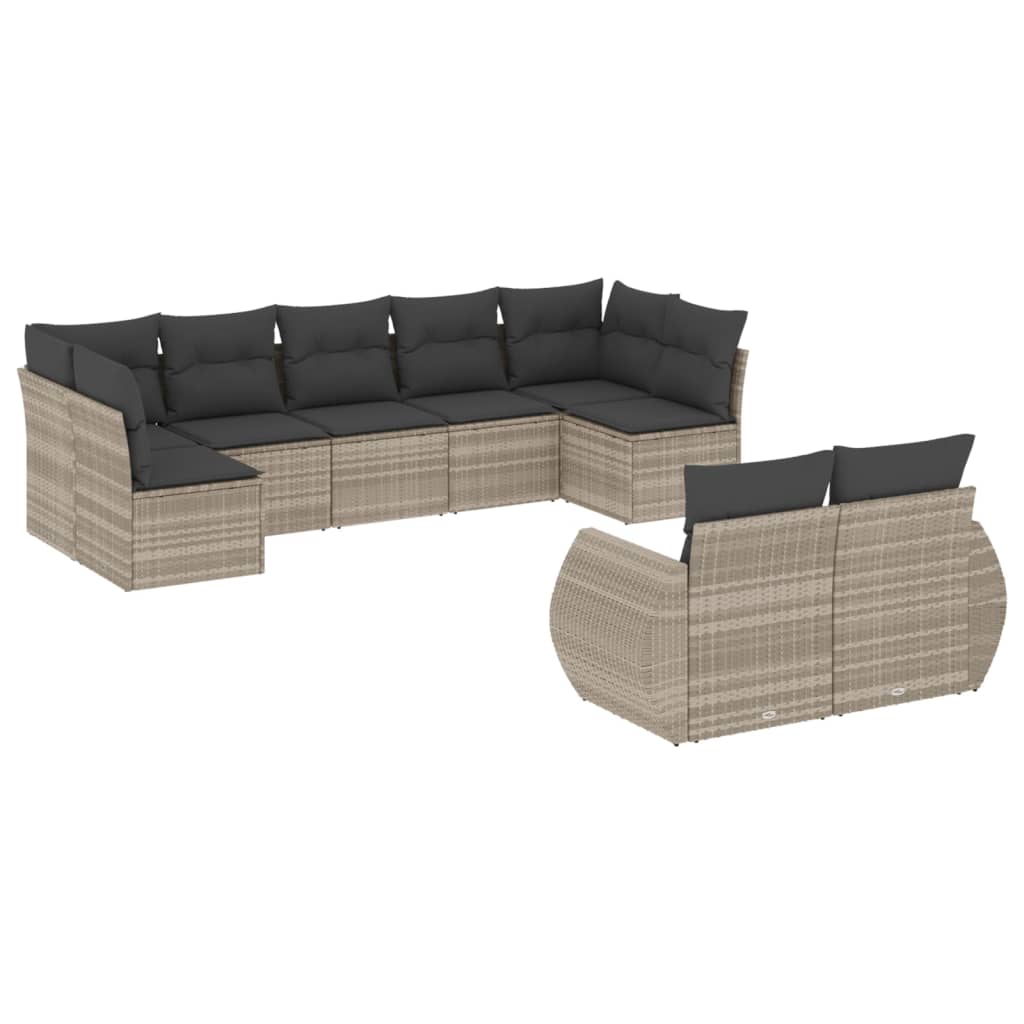 vidaXL Set Divano da Giardino 9pz con Cuscini Grigio Chiaro Polyrattan