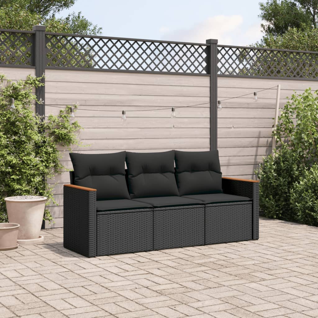 vidaXL Set Divani da Giardino 3 pz con Cuscini in Polyrattan Nero