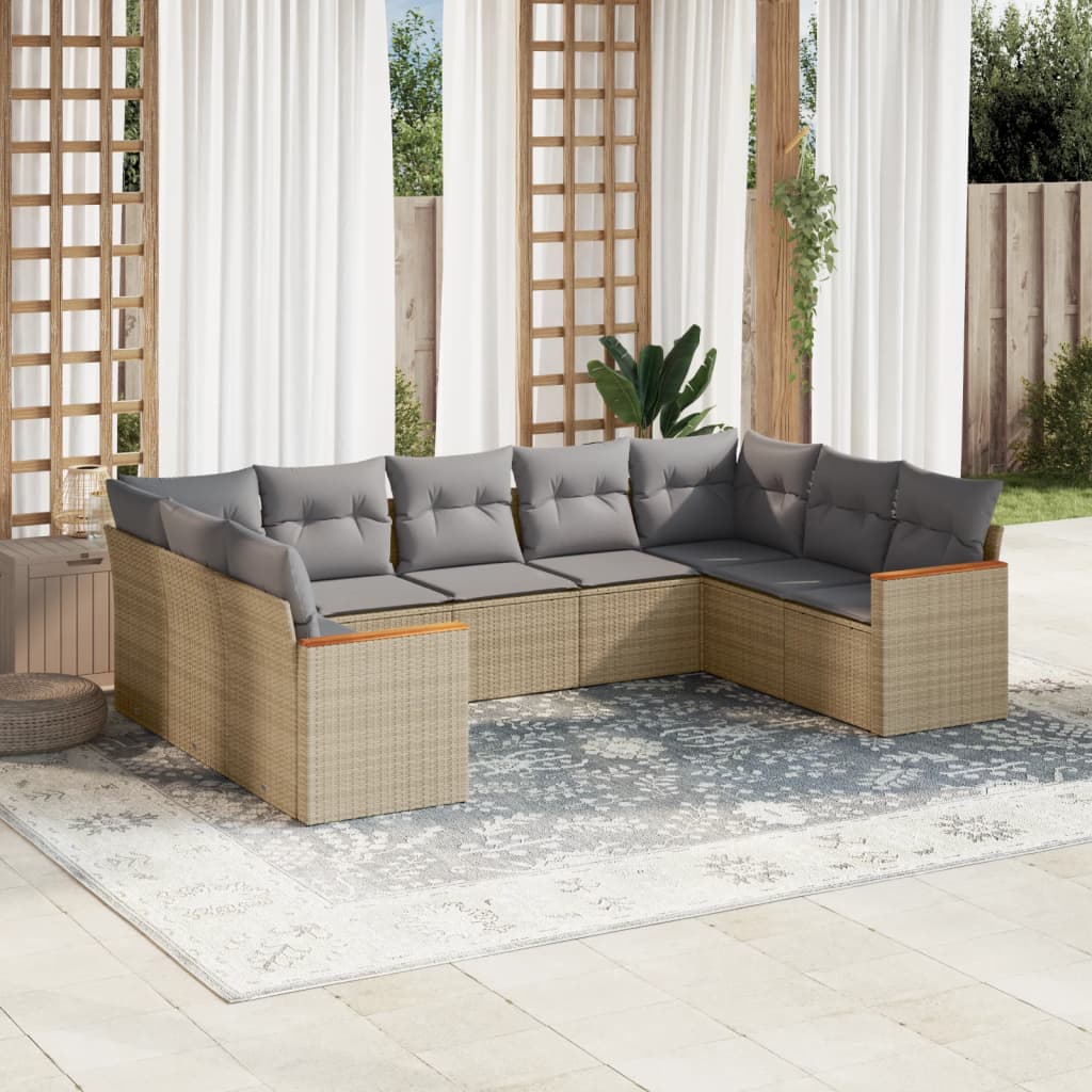 vidaXL Set Divano da Giardino 9 pz con Cuscini Beige Misto Polyrattan