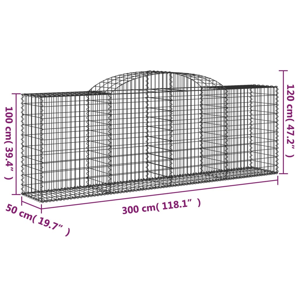 vidaXL Cesti Gabbioni ad Arco 3 pz 300x50x100/120 cm Ferro Zincato