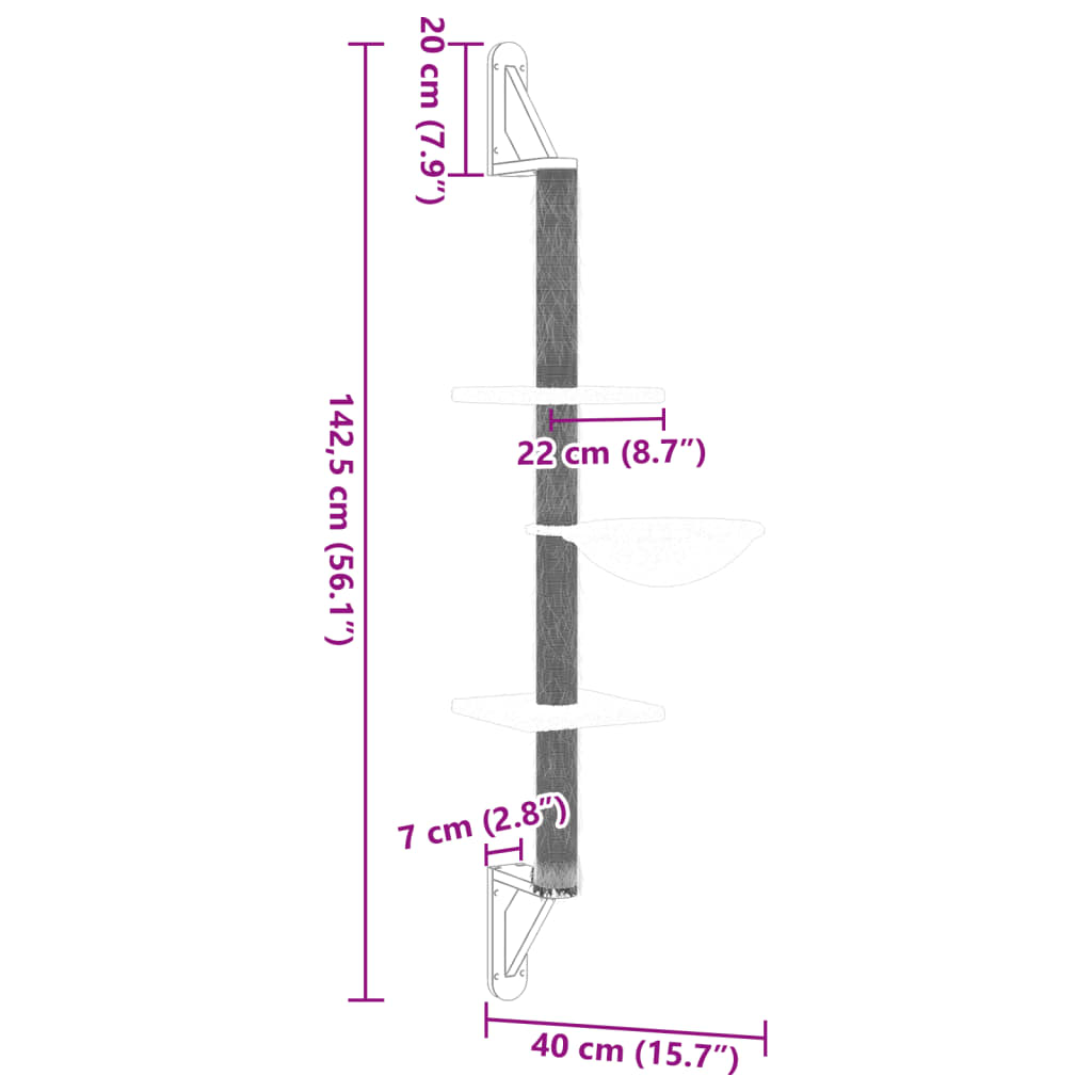 vidaXL Albero per Gatti con Tiragraffi a Parete Crema 142,5 cm