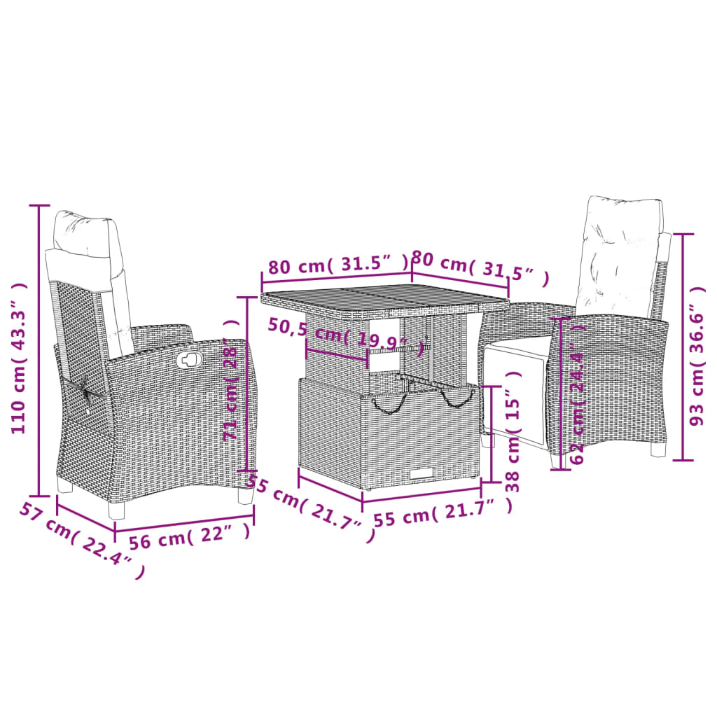 vidaXL Set da Pranzo da Giardino 3 pz con Cuscini in Polyrattan Grigio