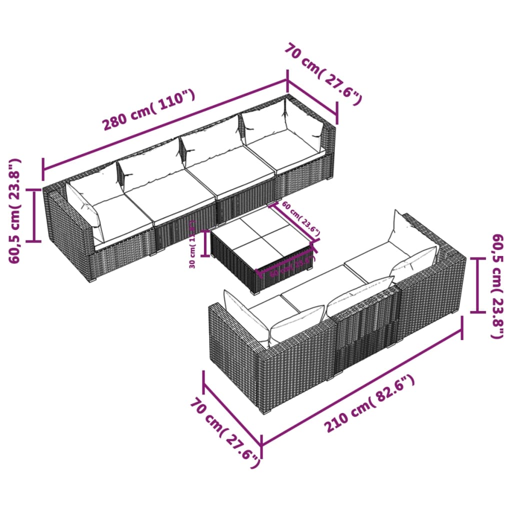 vidaXL Set Divani da Giardino 8 pz con Cuscini in Polyrattan Grigio