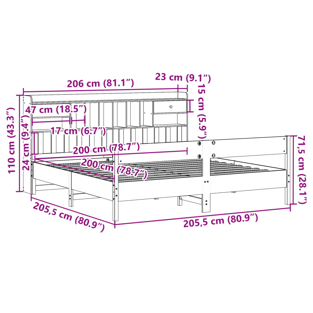 vidaXL Letto Libreria senza Materasso Marrone Cera 200x200 cm in Pino