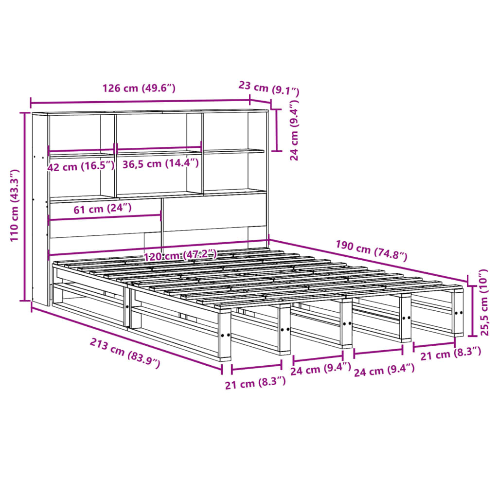 vidaXL Letto Libreria senza Materasso Bianco 120x190 cm Legno Massello