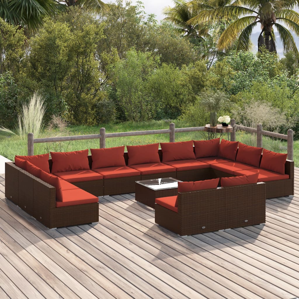 vidaXL Set Divani da Giardino 13 pz con Cuscini in Polyrattan Marrone