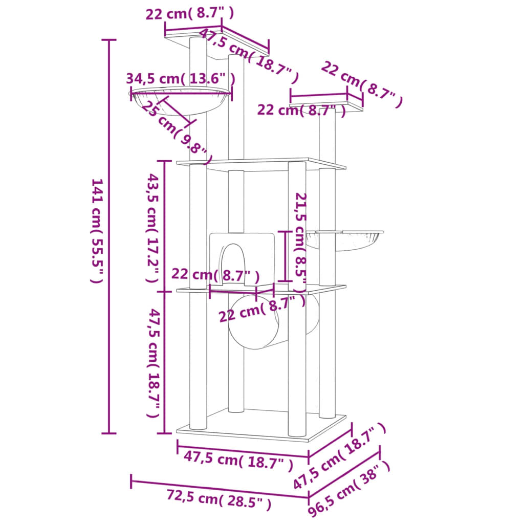 vidaXL Albero per Gatti con Tiragraffi in Sisal Grigio Chiaro 141 cm