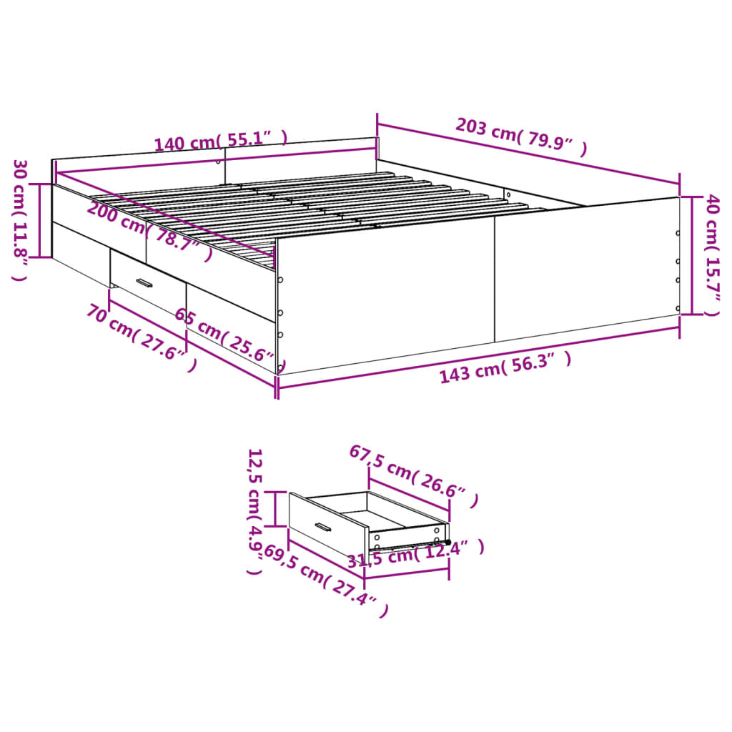 vidaXL Giroletto Cassetti Grigio Cemento 140x200 cm Legno Multistrato