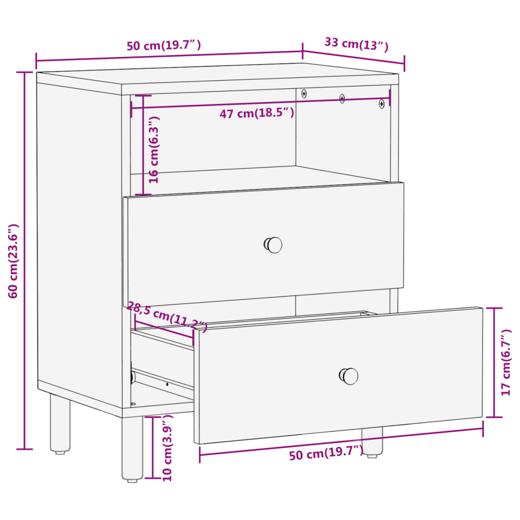 vidaXL Comodino 50x33x60 cm in Legno Massello di Mango