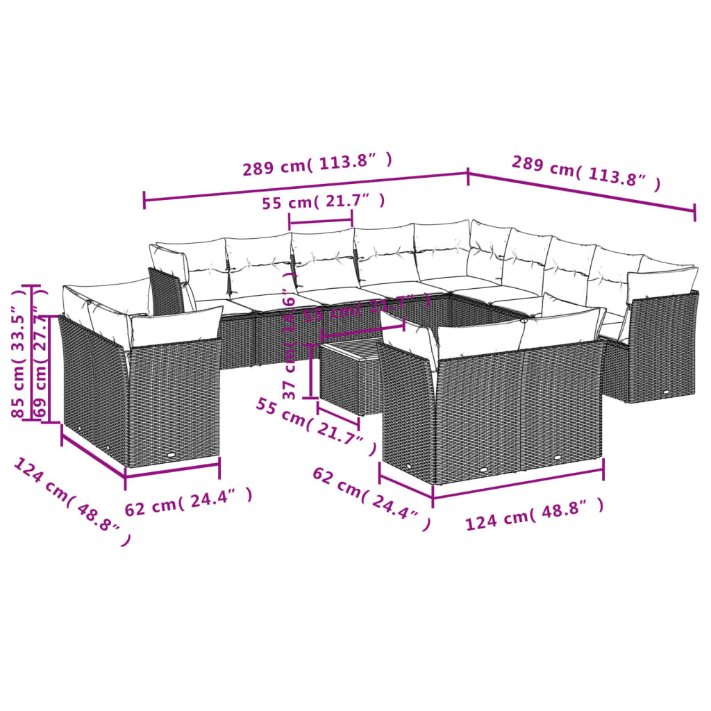 vidaXL Set Divani da Giardino 14pz con Cuscini in Polyrattan Beige