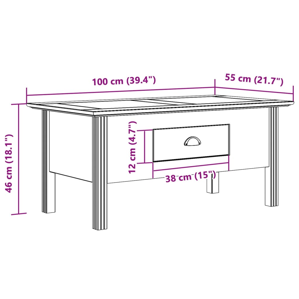 vidaXL Tavolino da Salotto BODO 100x55x46cm Legno Massello Pino Bianco