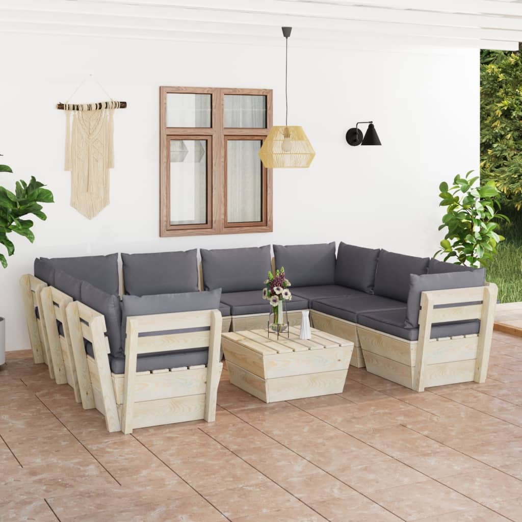 vidaXL Set Divani da Giardino su Pallet 9 pz con Cuscini Legno Abete