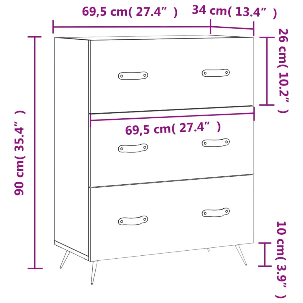 vidaXL Cassettiera Bianco Lucido 69,5x34x90 cm in Legno Multistrato