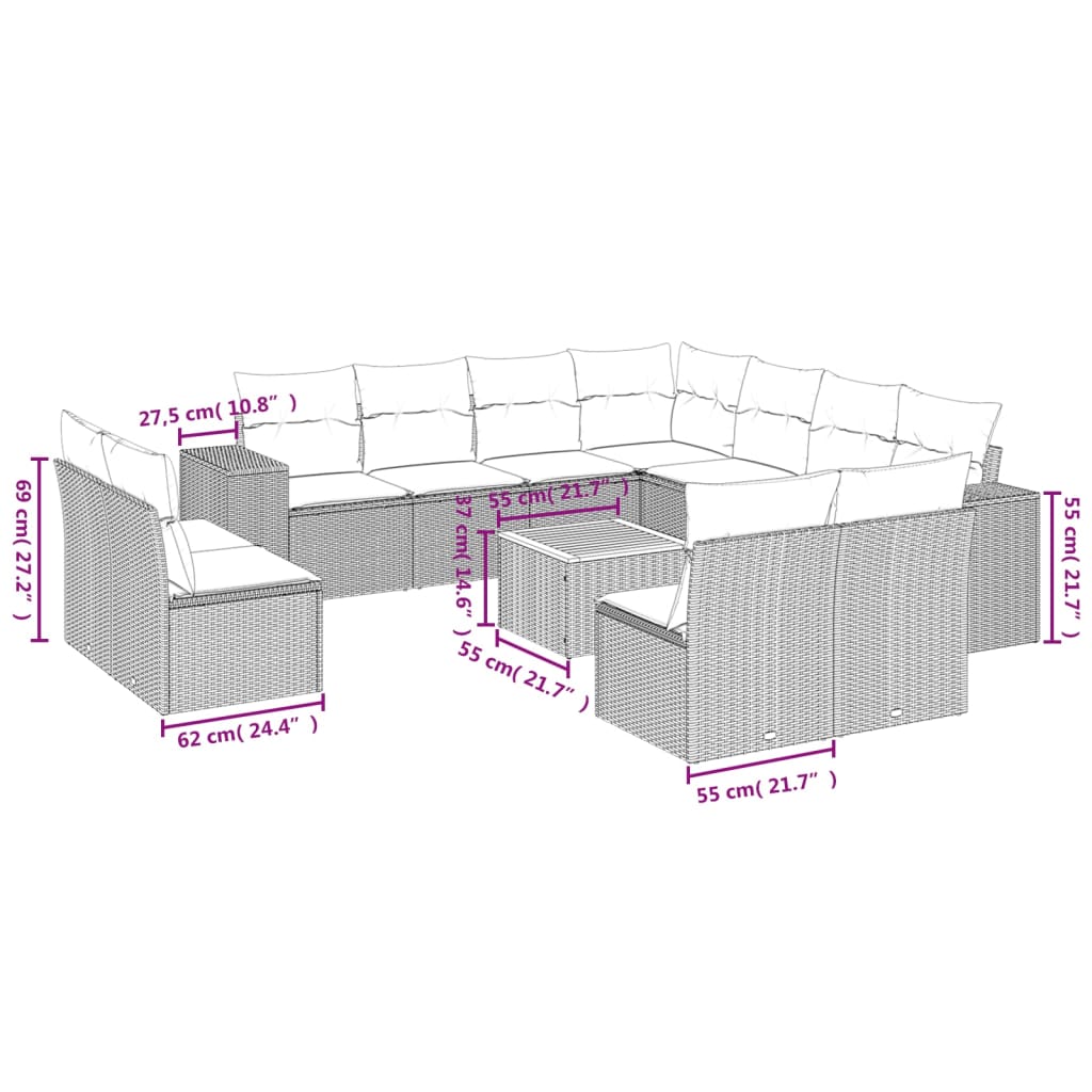 vidaXL Set Divani da Giardino 12 pz con Cuscini Grigio in Polyrattan