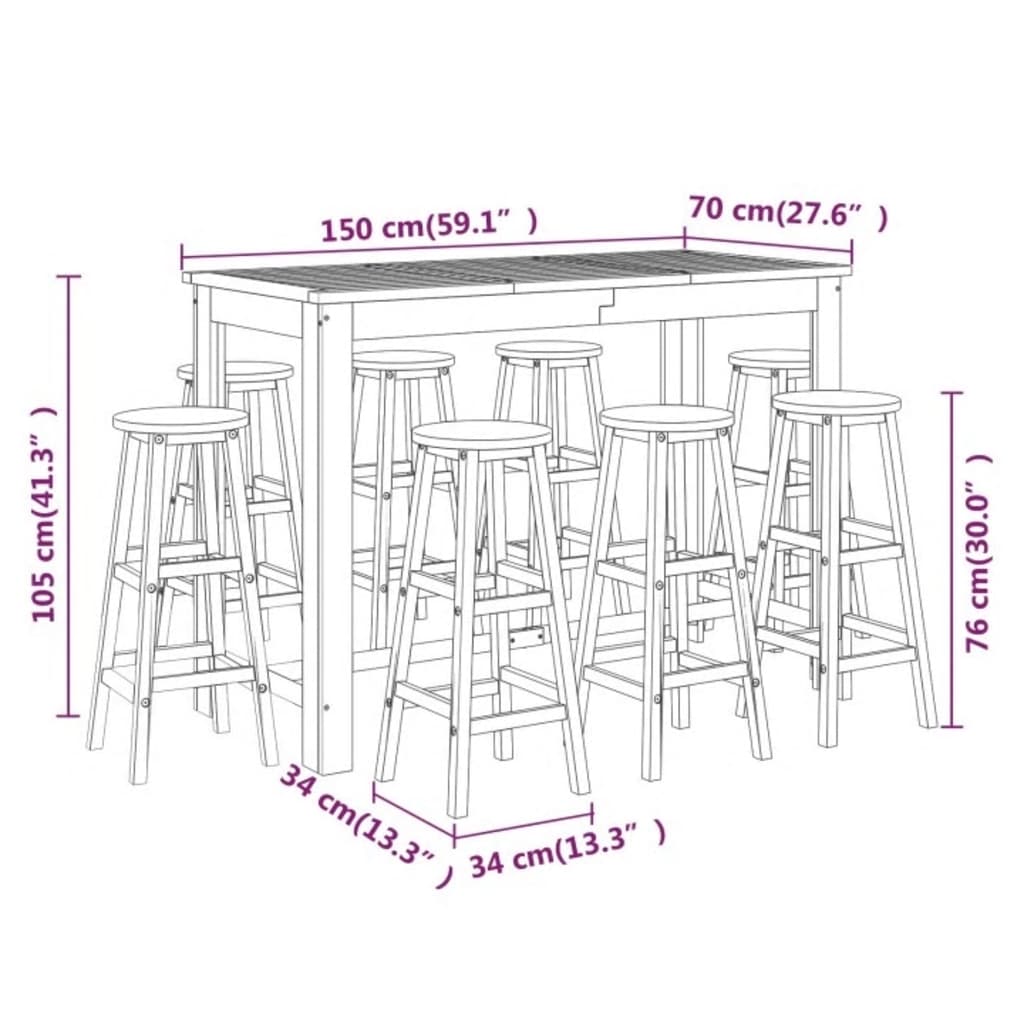 vidaXL Set da Bar per Giardino 9 pz in Legno Massello di Acacia