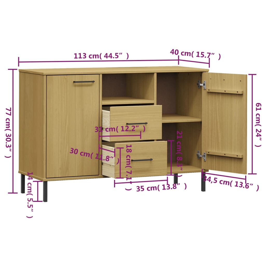 vidaXL Credenza Gambe Metallo Marrone 113x40x77 cm Legno Massello OSLO