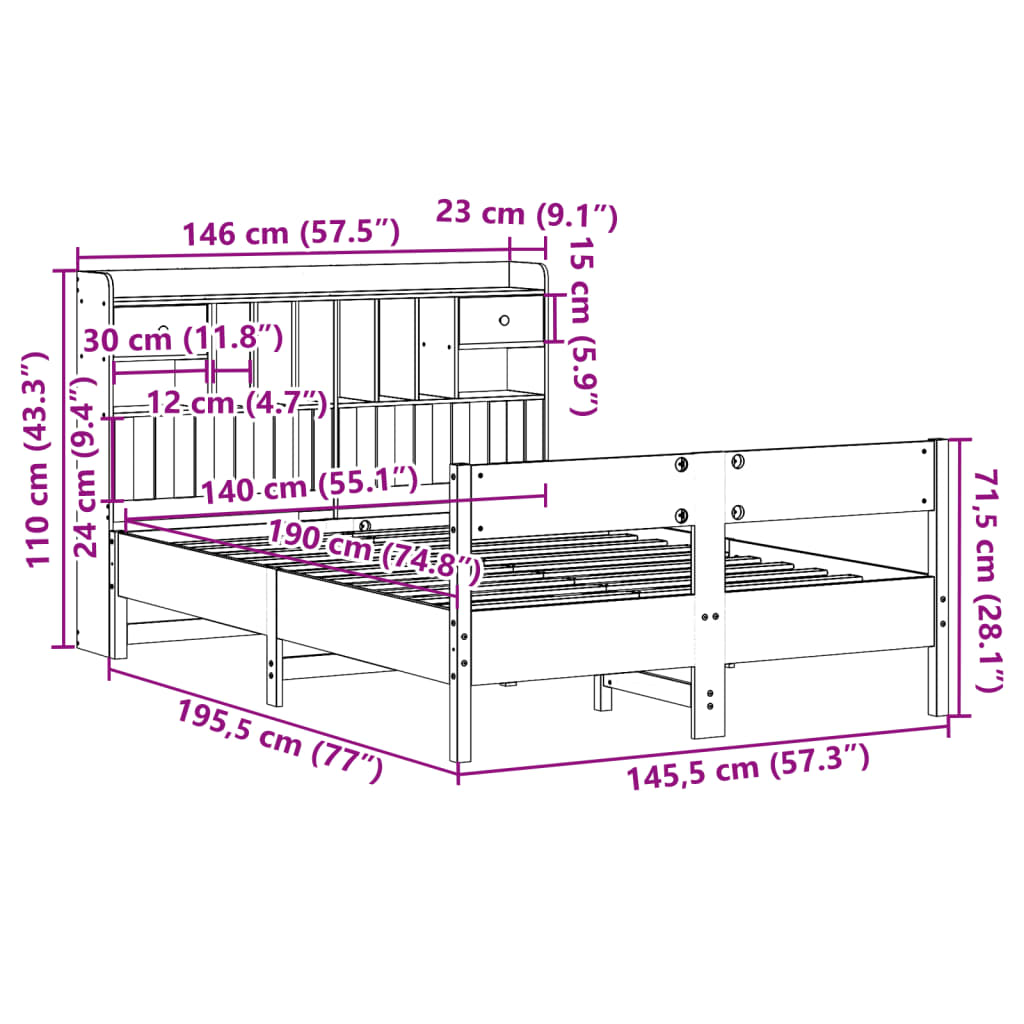 vidaXL Letto Libreria senza Materasso Marrone Cera 140x190 cm in Pino