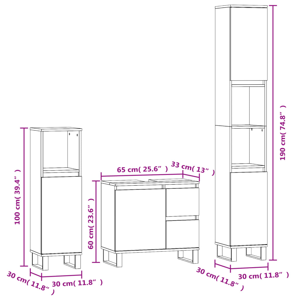 vidaXL Set Mobili da Bagno 3 pz Nero in Legno Multistrato