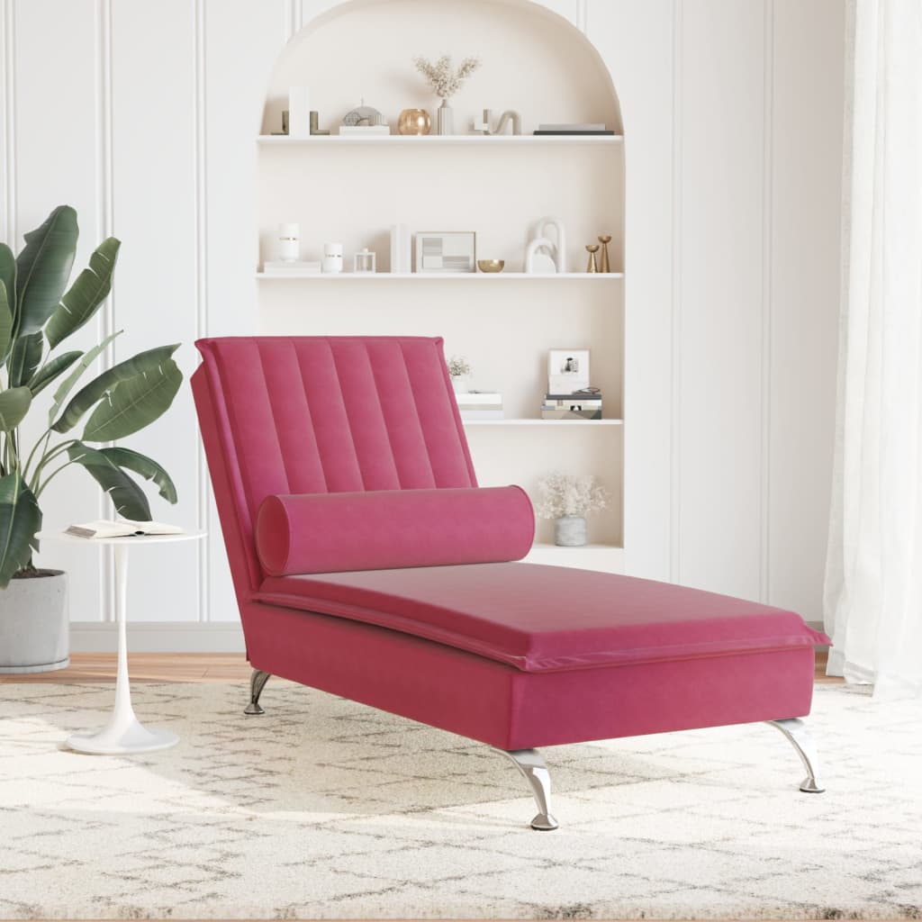 vidaXL Chaise Longue Massaggi con Cuscino a Rullo Rosso Vino Velluto