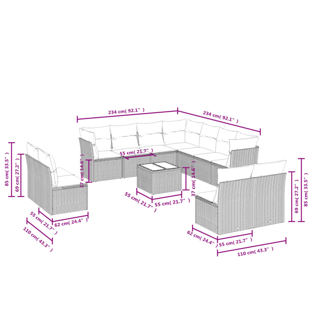 vidaXL Set Divano Giardino 12 pz con Cuscini Grigio Chiaro Polyrattan