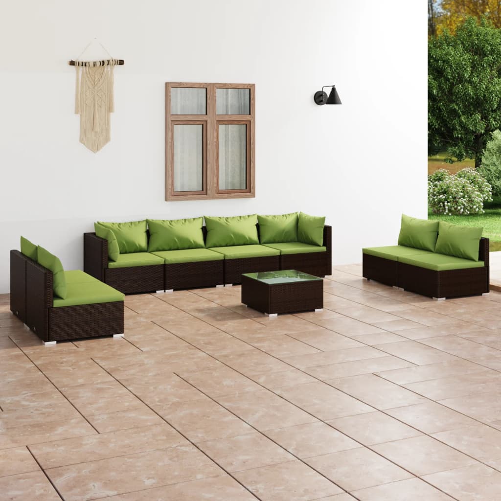 vidaXL Set Divani da Giardino 9 pz con Cuscini in Polyrattan Marrone