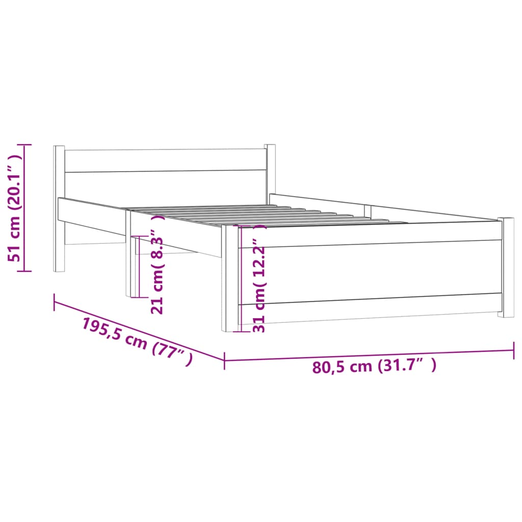 vidaXL Giroletto senza Materaso Ambra in Legno Massello 75x190 cm