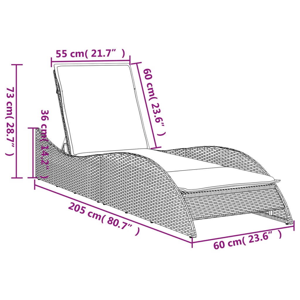 vidaXL Lettino con Cuscino Grigio Chiaro 60x205x73 cm in Polyrattan