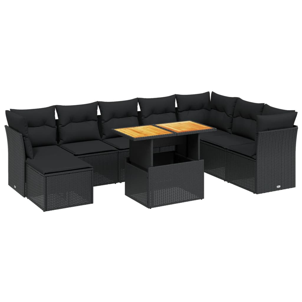 vidaXL Set Divani da Giardino 9 pz con Cuscini Nero in Polyrattan