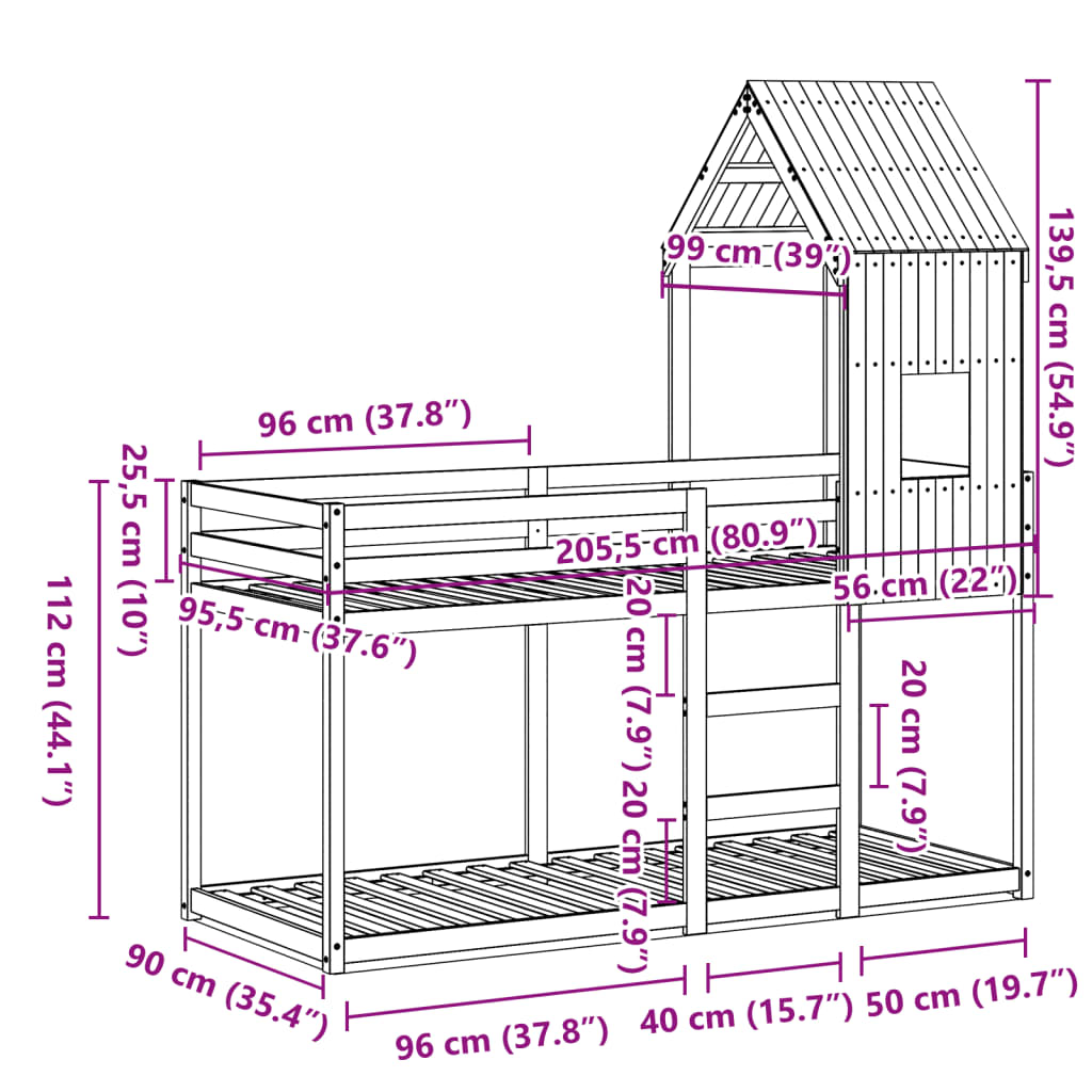 vidaXL Letto a Castello con Tetto Cera 90x200 cm Legno Massello Pino