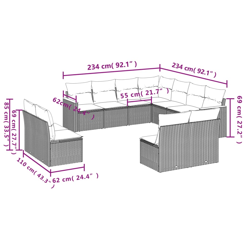 vidaXL Set Divani da Giardino 11 pz con Cuscini in Polyrattan Nero