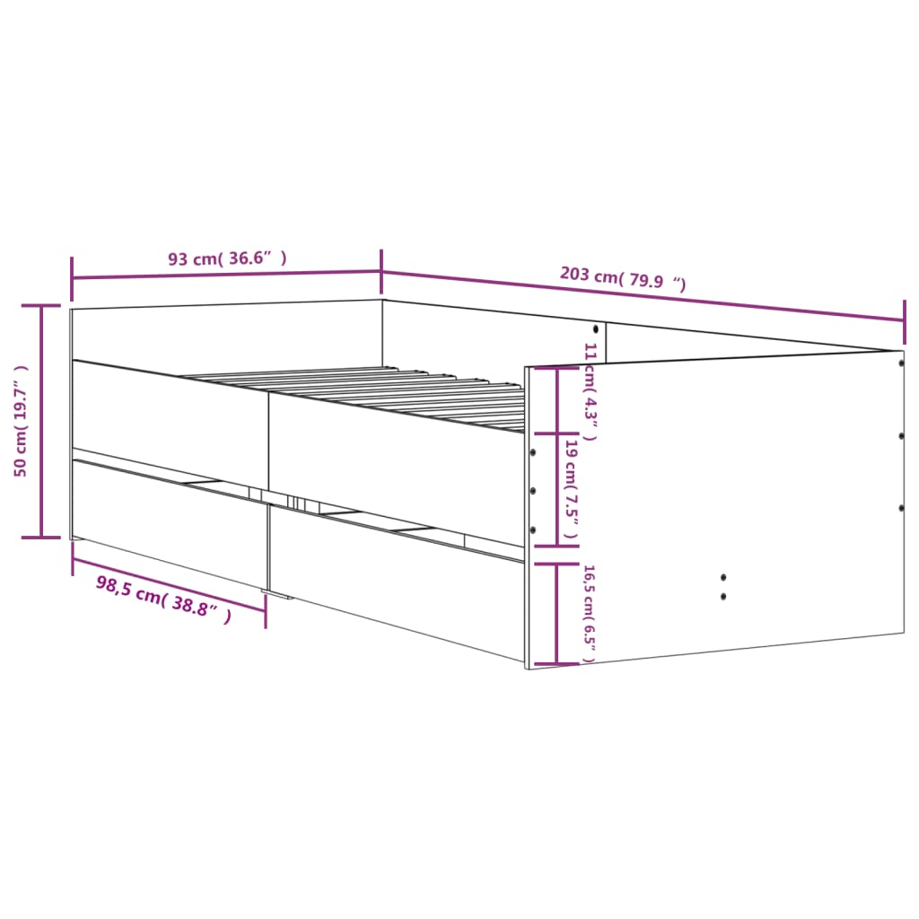 vidaXL Giroletto con Cassetti Grigio Sonoma 90x200 cm