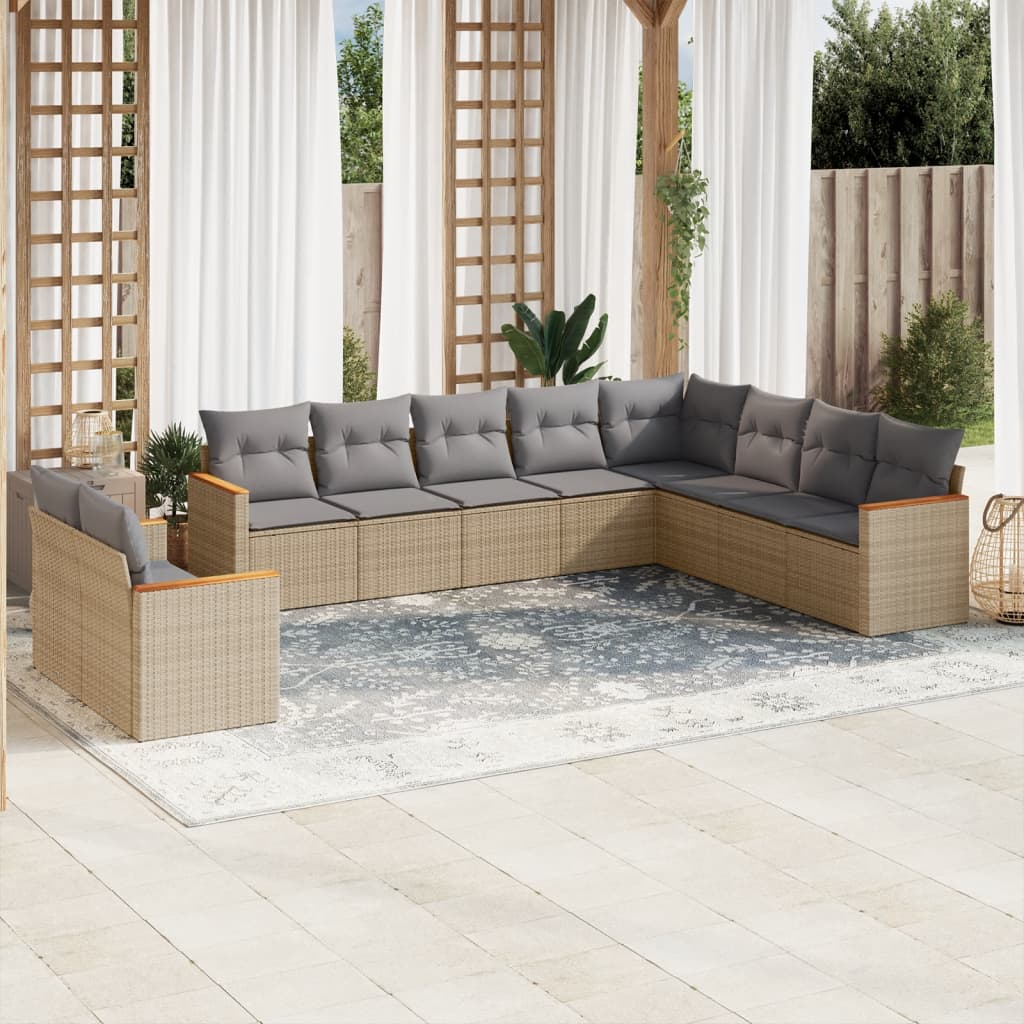 vidaXL Set Divano da Giardino 10 pz con Cuscini Beige Misto Polyrattan