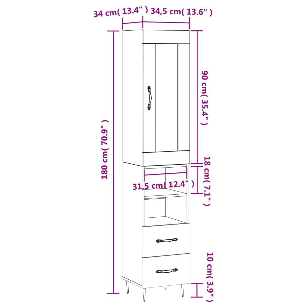 vidaXL Credenza Bianca 34,5x34x180 cm in Legno Multistrato