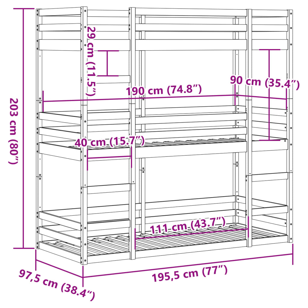 vidaXL Letto Castello Triplo Marrone Cera 90x190cm Legno Massello Pino