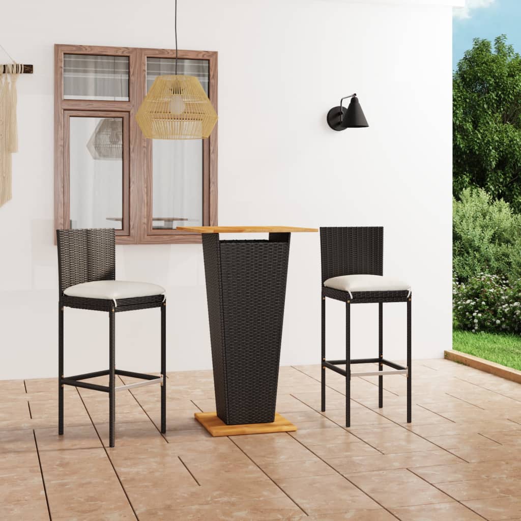 vidaXL Set Bar da Giardino 3 pz con Cuscini in Polyrattan Nero