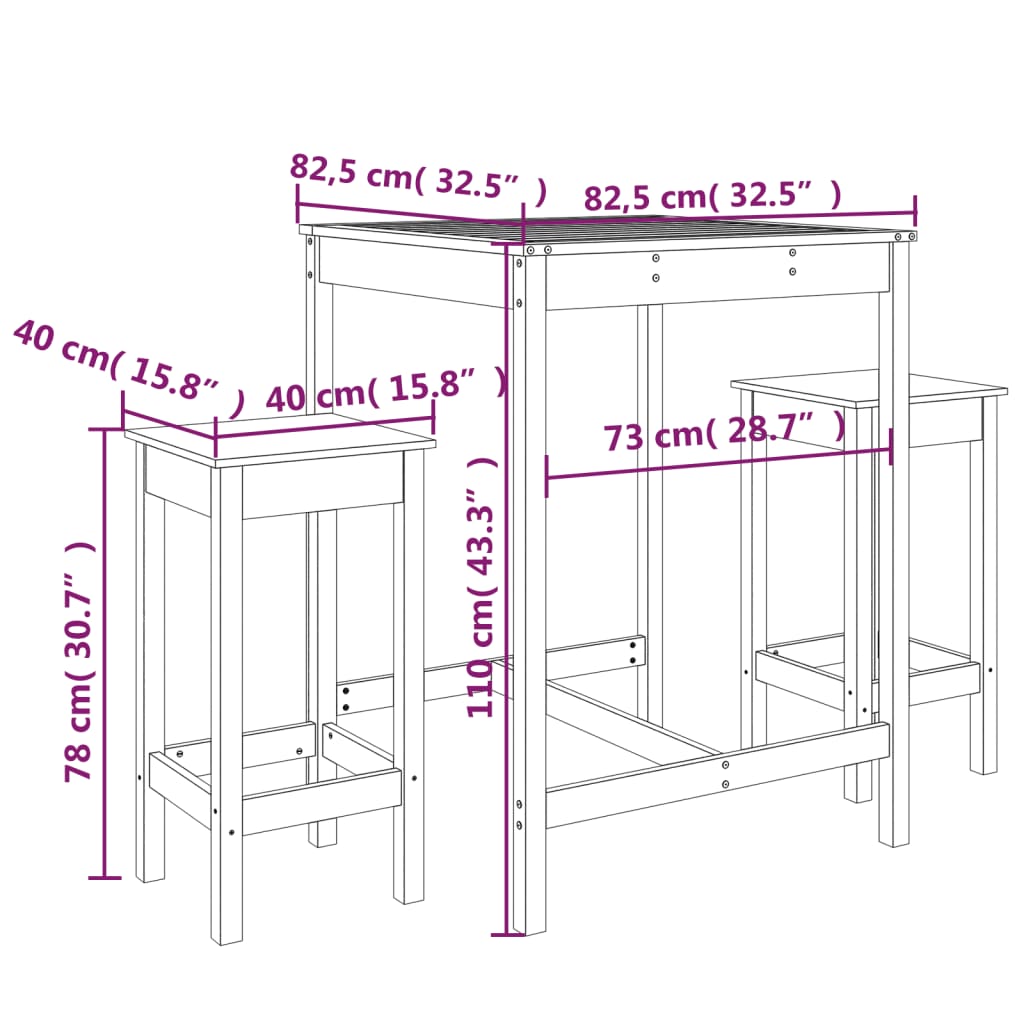 vidaXL Set Bar da Giardino 3 pz Grigio in Legno Massello di Pino