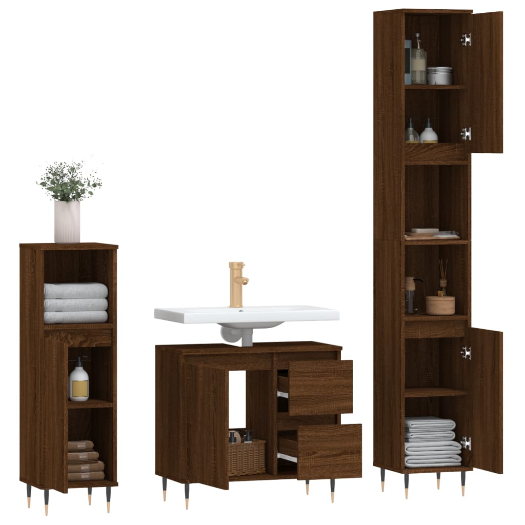 vidaXL Set Mobili da Bagno 3 pz Rovere Marrone in Legno Multistrato