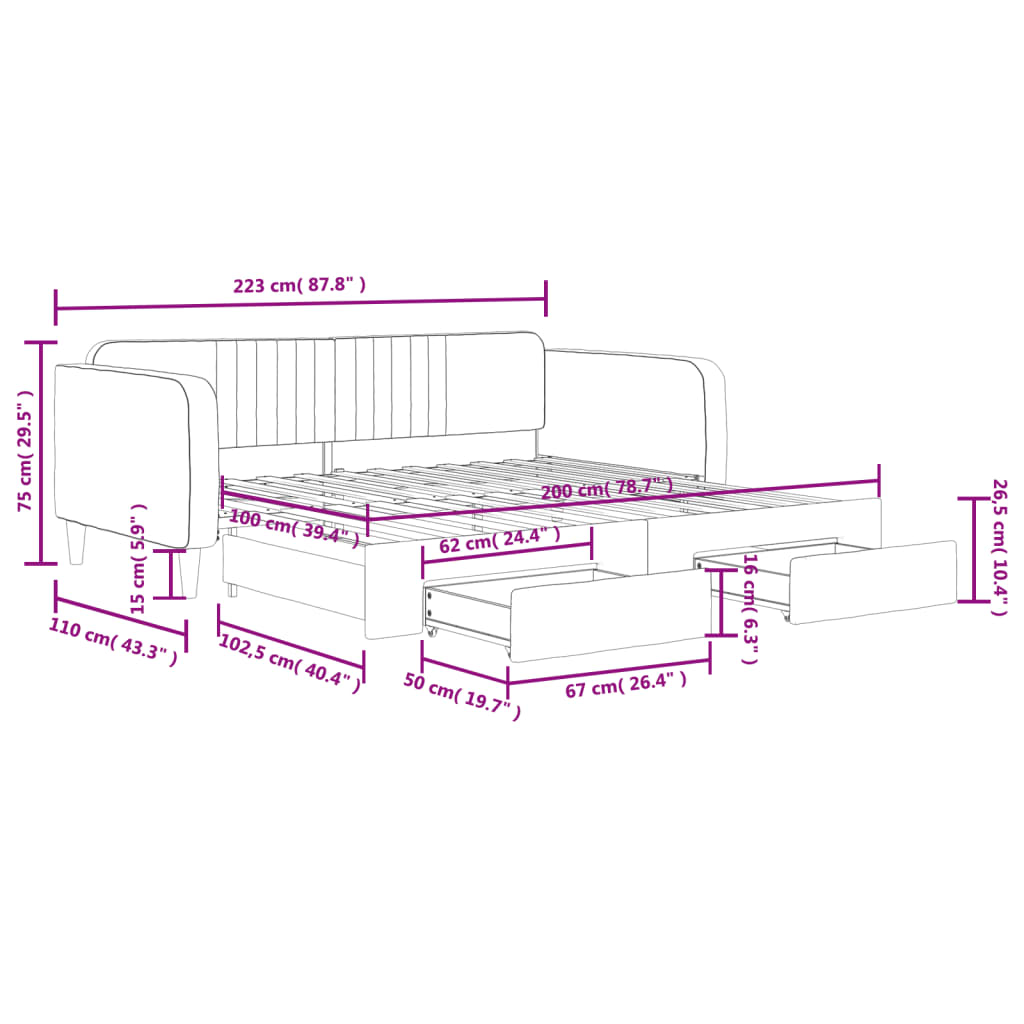 vidaXL Divano Letto Estraibile Cassetti Grigio Chiaro 100x200 Velluto