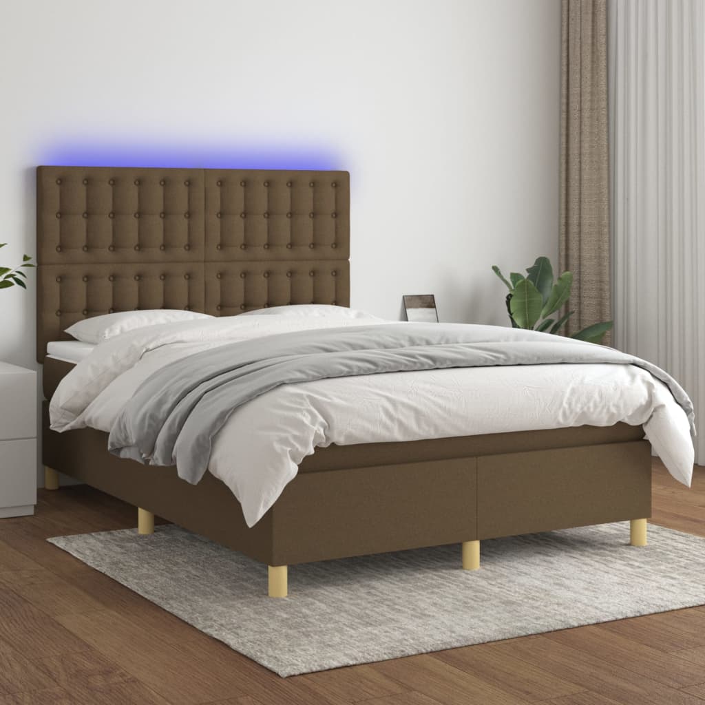 vidaXL Letto a Molle Materasso e LED Marrone Scuro 140x200 cm Tessuto