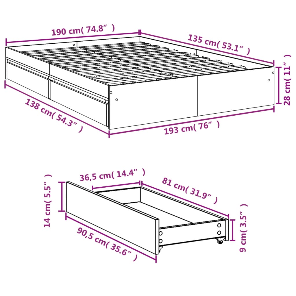 vidaXL Giroletto con Cassetti Nero 135x190 cm in Legno Multistrato