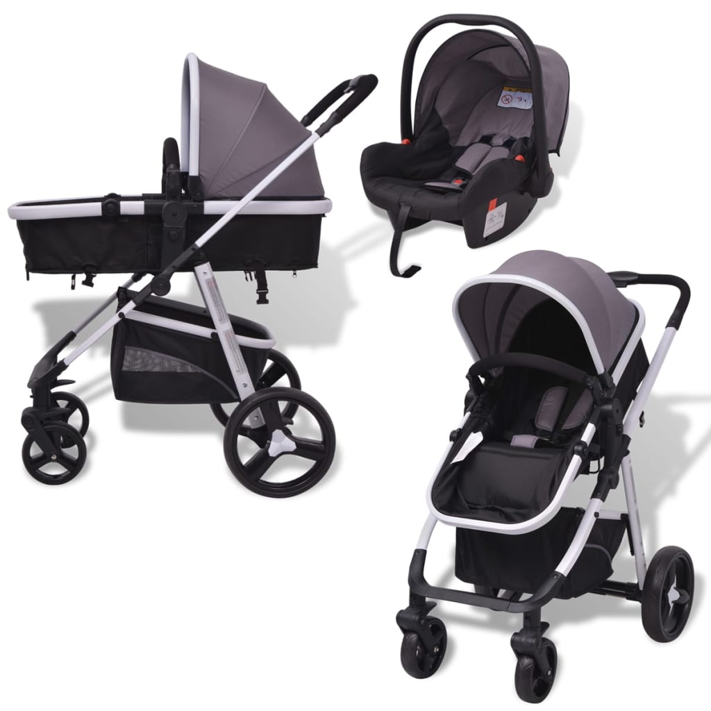 vidaXL Passeggino 3 in 1 in Alluminio Grigio e Nero