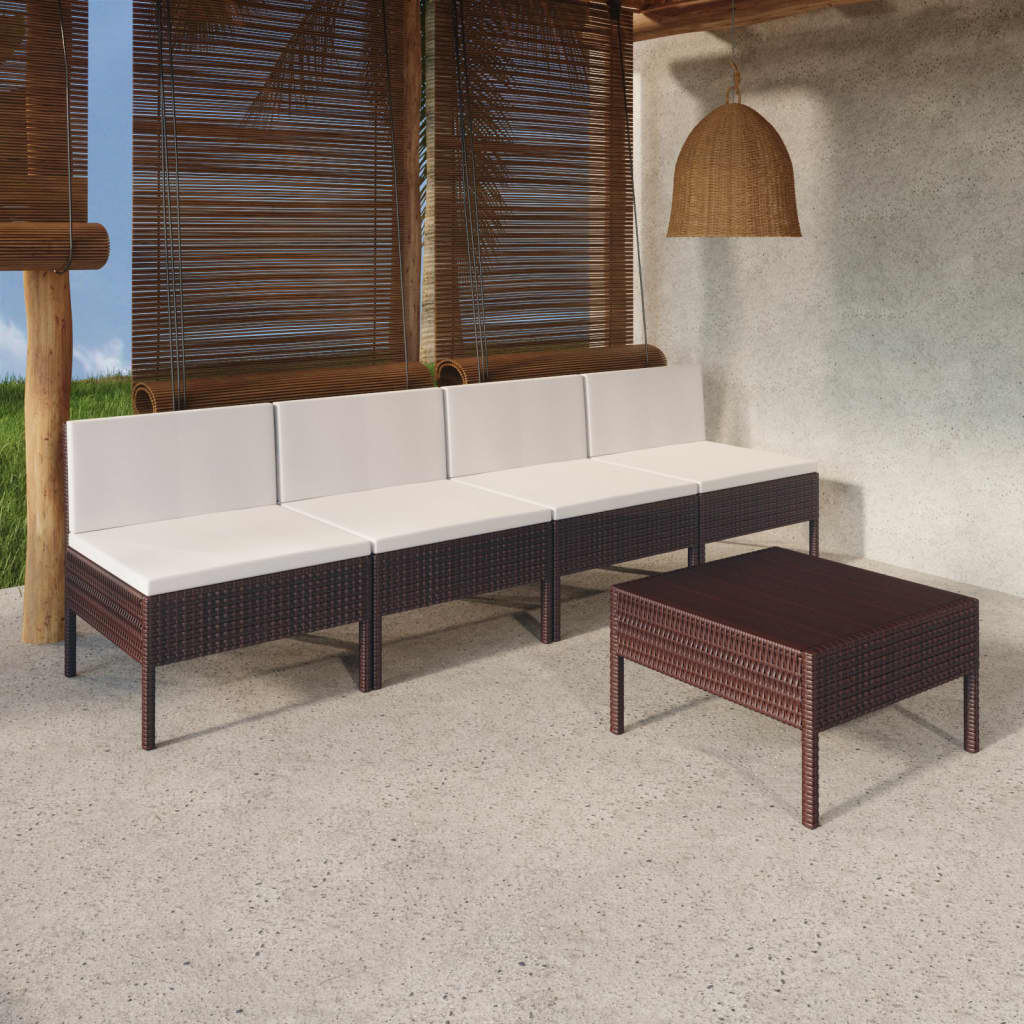 vidaXL Set Divani da Giardino 5 pz con Cuscini in Polyrattan Marrone