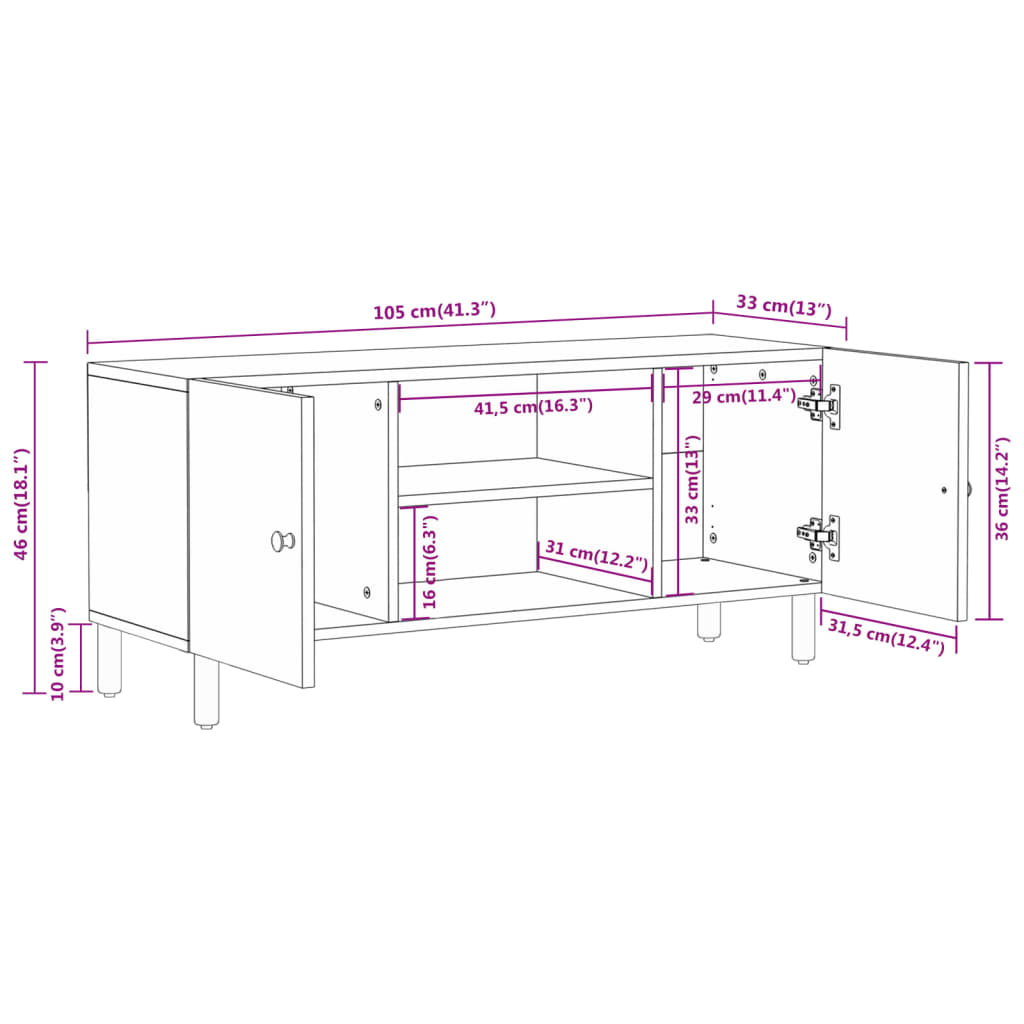 vidaXL Mobile Porta TV 105x33x46cm in Legno Massello di Mango