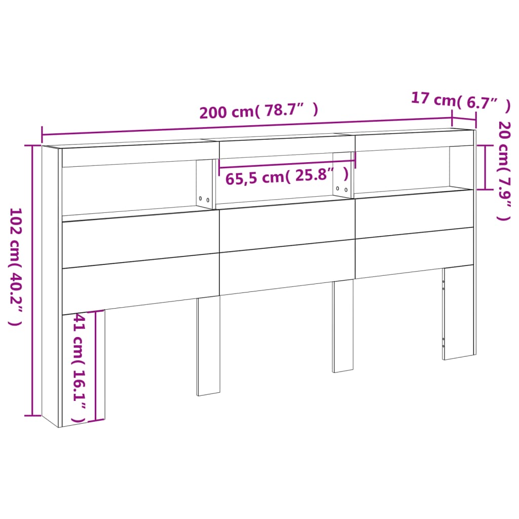 vidaXL Testiera con Contenitore a LED Grigio Cemento 200x17x102 cm